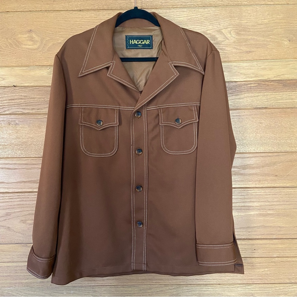 Vintage 1970s Haggar brown contrast stitch top
